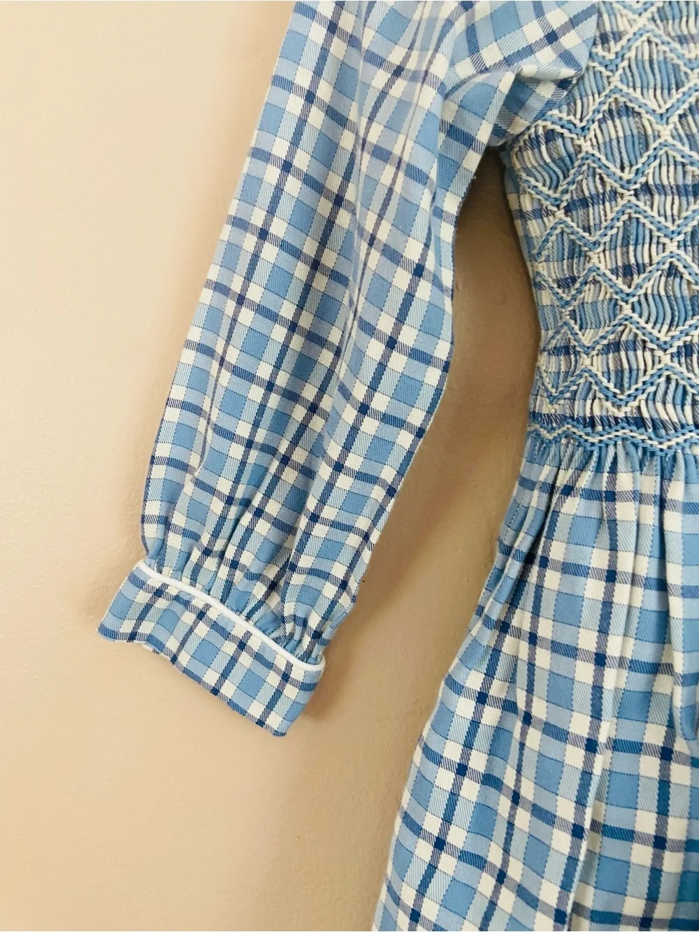 Anavini Vintage Style Smocked Plaid Dress Blue White Peter Pan Collar Size 3